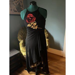 Vintage 90s Black Strappy Mini Dress with Asymmetrical Chiffon Overlay + Sequin